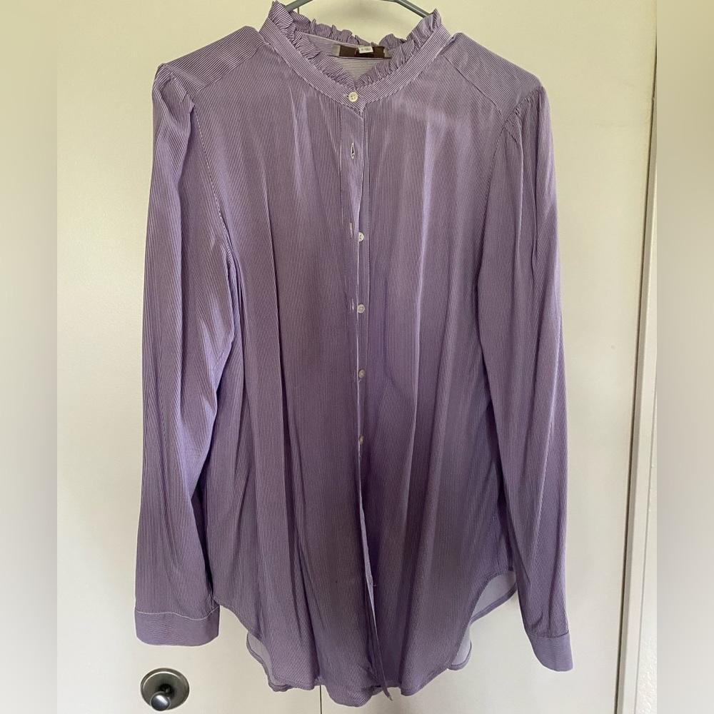 Purple Striped Ruffle Collar Button Down